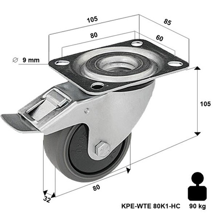 Kółko obrotowe skrętne z hamulcem KPE-WTE 80K1-HC transportowe przemysłowe z blokadą z szarą gumą piasta polipropylenowa Nośność 90 kg / 80mm/ kulkowe