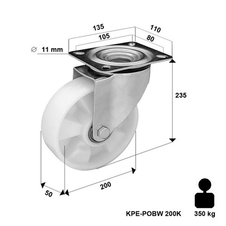 Koła poliamidowe obrotowe transportowe KPM-POBW 200K 200mm 400 kg do wózka transportowego obrotowe mocne