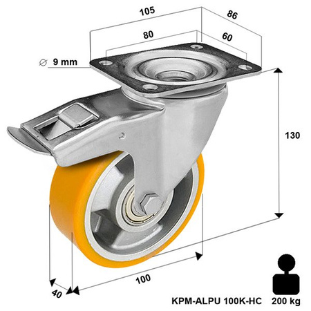 Kółka do wózka transportowe z hamulcem 80 mm obrotowe transportowe do dużych obciążeń KPM-ALPU 80K-HC 200 kg / 600-800 kg Kóka skrętne do wózków platform 100mm Zestaw kołowy