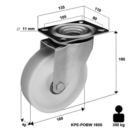 Zestaw kołowy skrętny KPE-POB 160S z kołem poliamidowym. Nośność 350 kg / 160mm/ ślizgowe