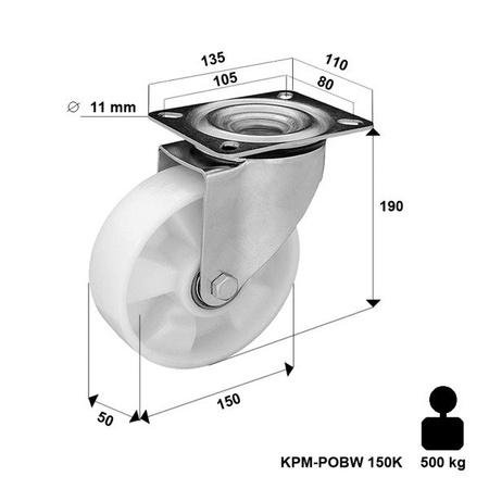 Koło poliamidowe obrotowe KPM-POOBW 150K z kołem poliamidowym. Nośność 500 kg / 150mm/ kulkowe