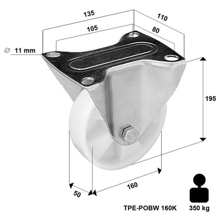 Kółko transportowe poliamidowe stałe 160mm 400kg TPE-POB 160K1 Koło do wózków magazynowych kulkowe