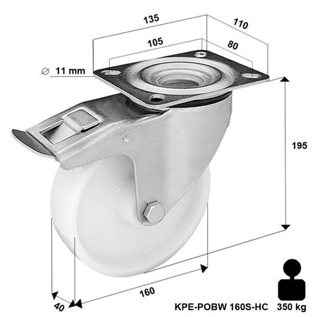 Zestaw kołowy skrętny z hamulcem KPE-POBW 160S-HC z kołem poliamidowym. Nośność 350 kg / 160mm/ ślizgowe