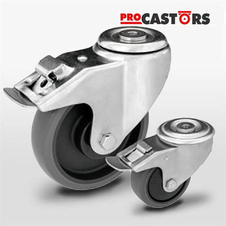 Zestaw kołowy skrętny z hamulcem KJE-WTE 100K1-HC z szarą gumą piasta polipropylenowa Nośność 100 kg / 100mm/ kulkowe