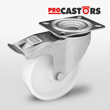 Zestaw kołowy skrętny z hamulcem KPE-POB 200S-HC z kołem poliamidowym. Nośność 350 kg/ 200mm/ ślizgowe