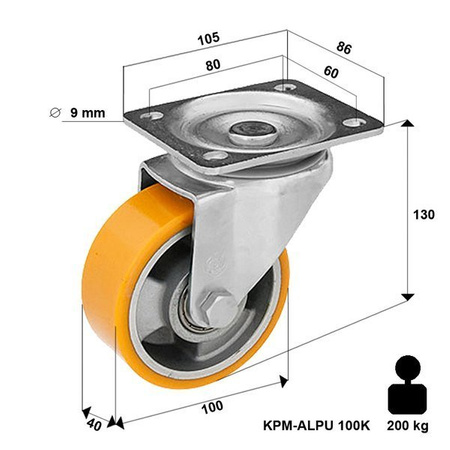 Kółka do wózka transportowe 100 mm obrotowe do dużych obciążeń KPM-ALPU 100K 200 kg / 600-800 kg Kóka skrętne do wózków platform 100mm Zestaw kołowy