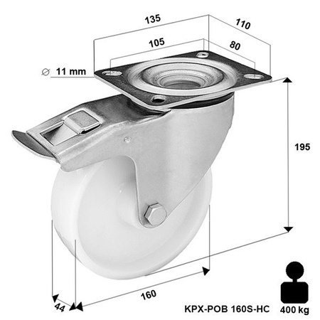 Zestaw kołowy nierdzewny skrętny z hamulcem KPX-POB 160S-HC z kołem poliamidowym. Nośność 400 kg / 160mm/ ślizgowe