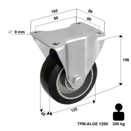 Kółko transportowe stałe 125mm 220 kg TPM-ALGE 125K z kołem pełnym gumowym piasta aluminium