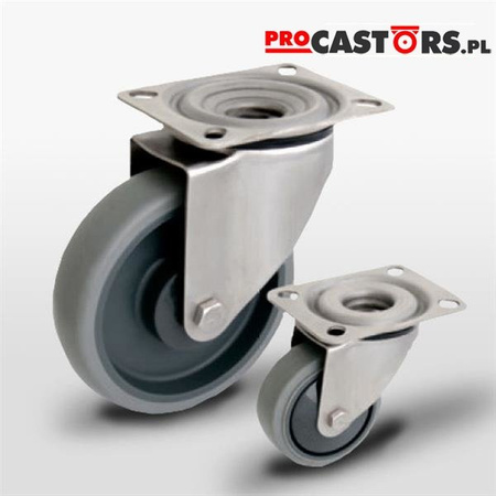 Zestaw kołowy nierdzewny skrętny KPX-WTE 100K1 z kołem polipropylenowym i gumową oponką. Nośność 100 kg / 100mm/ kulkowe