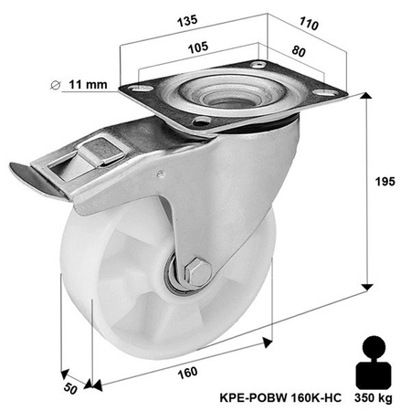 Koła poliamidowe obrotowe z hamulcem KPM-POBW 160K-HC 160mm 400 kg do wózka transportowego obrotowe mocne