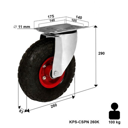 Kółko pompowane transportowe skrętne KPS-CSPN 260K  koło pneumatyczne obrotowe stalowa piasta  Nośność 100 kg / 260mm / kulkowe