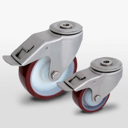 Zestaw kołowy skrętny nierdzewny z hamulcem KJX-POPUB 100K1-HC piasta poliamid bieżnik PU 200kg / 100mm / kulkowe