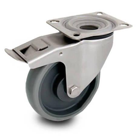 Zestaw kołowy nierdzewny skrętny z hamulcem KPX-WTE 125K1(40)-HC z kołem polipropylenowym i gumową oponką. Nośność 150 kg / 125mm/ kulkowe